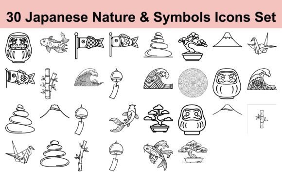 30 Japanese Nature Symbols Icons Set – A Versatile Visual Toolkit for Creative and Cultural Projects