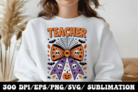 Halloween Teacher Bow Skull Pumpkin Design